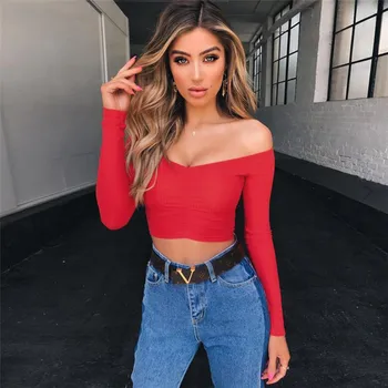 

Sexy Off Shoulder Women Thin Sweater Long Sleeve Crop Top Pullover Multi-color Midriff-baring Shirt