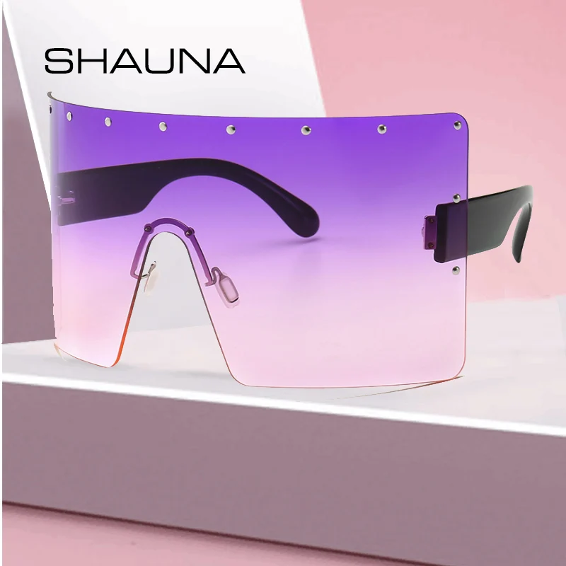 Шауна негабаритный цельный заклепки солнцезащитные очки для женщин Мода мужчин градиент ветрозащитный оттенков UV400