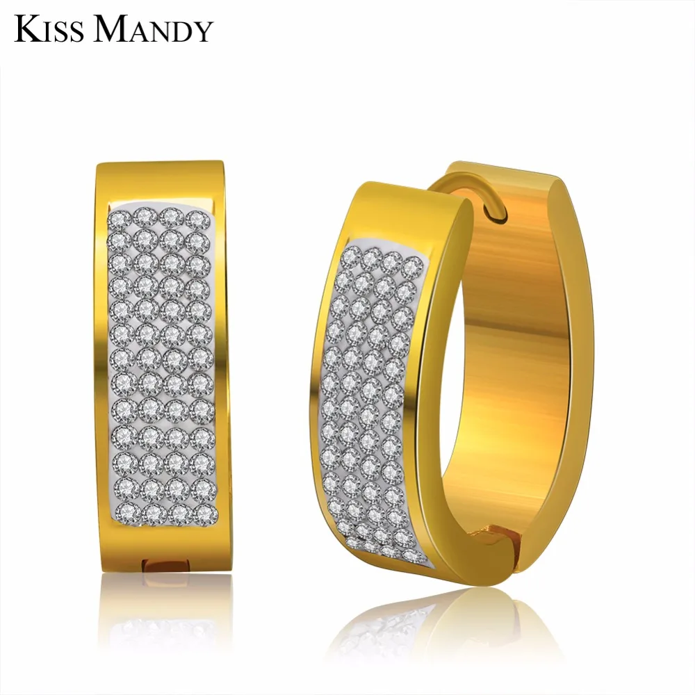 

KISS MANDY New Arrival Stainless Steel Woman Earrings with AAA Clear Zirconia Hoop Earring Gold Color FE71