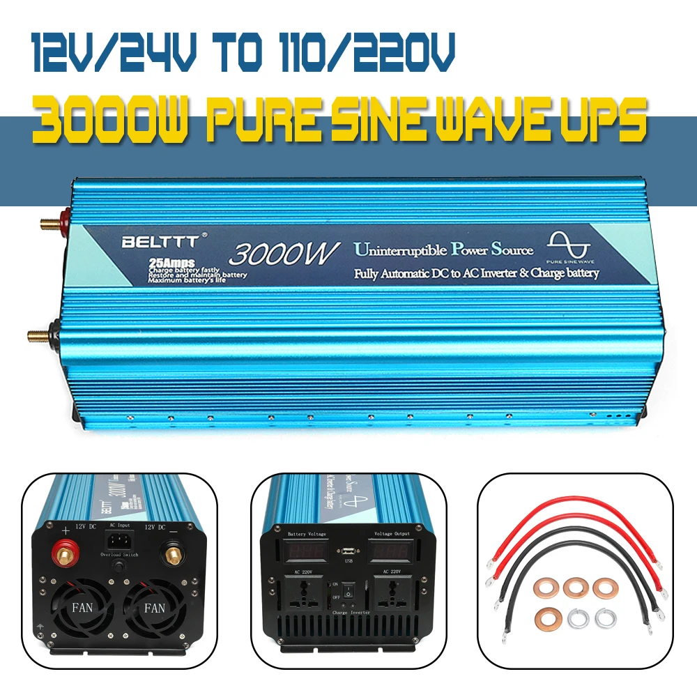 

UPS inverter Max 6000W 12/24V to 110V/220V Pure Sine Wave Inverter +Charger power supply with USB Charger for Home inverter
