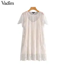 Vadim, милый, Женский вышивка мини-платье с короткими рукавами комплекты из 2 предметов одежды; женские повседневные туфли из сетчатого материала платья сплошная шикарная vestidos QB398