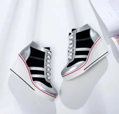 

2018 New Autumn Casual Platform Student Shoes Hidden Wedge Invisible Heel Zipper Canvas Gril Shoes Women Shoes High Top Sneakers