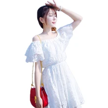 Новое летнее платье в Корейском стиле, сексуальное шифоновое платье с вырезом лодочкой и открытыми плечами, белое Плиссированное мини-платье с вышивкой и пышными рукавами