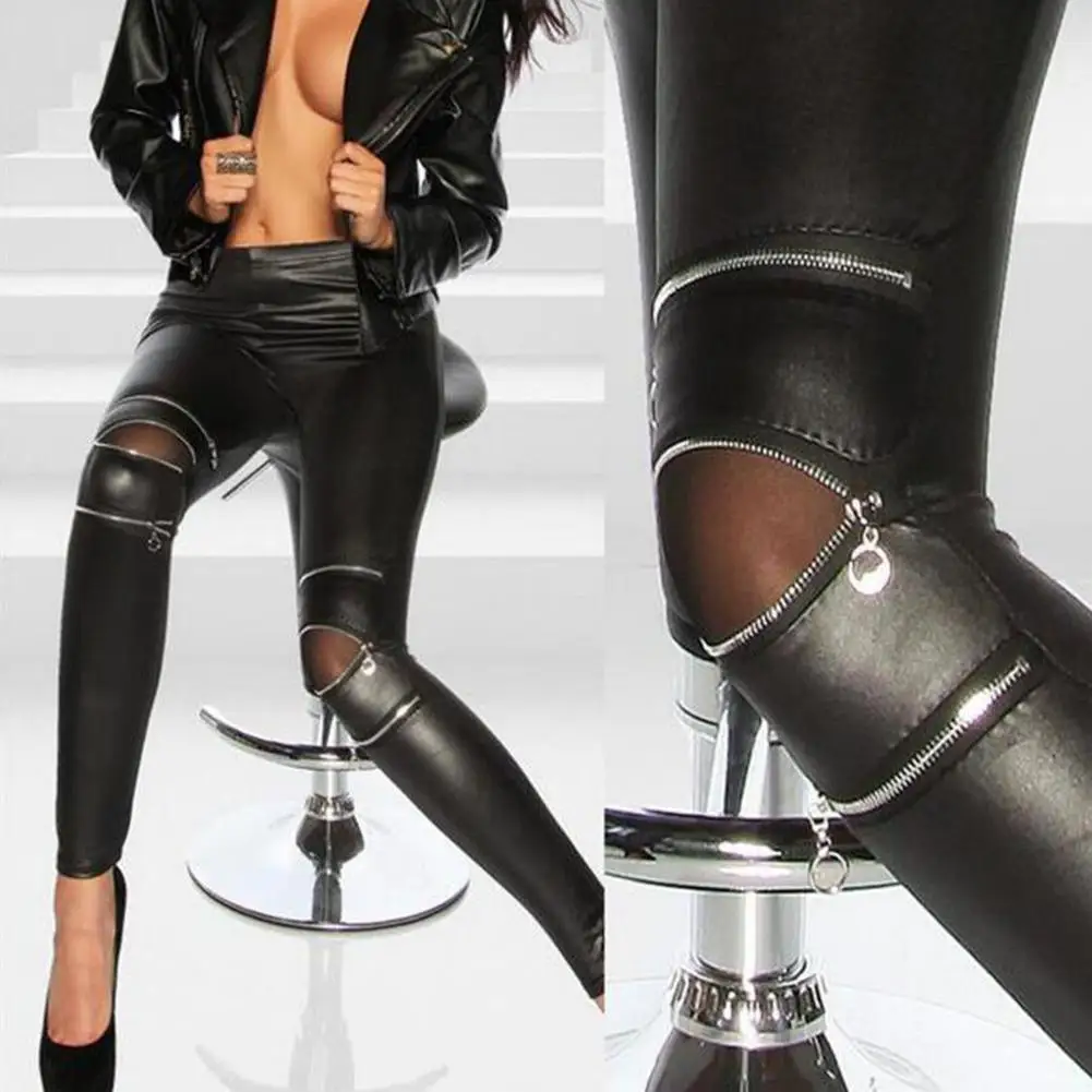 

Sexy Women Zip Hollow Out High Waist Faux Leather Leggings Stretchy Pencil Pants