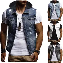 Hooded Outerwear Denim Vest Men Hole design Sleeveless Cotton Jacket Mens Coats Male Vest Blue Black White