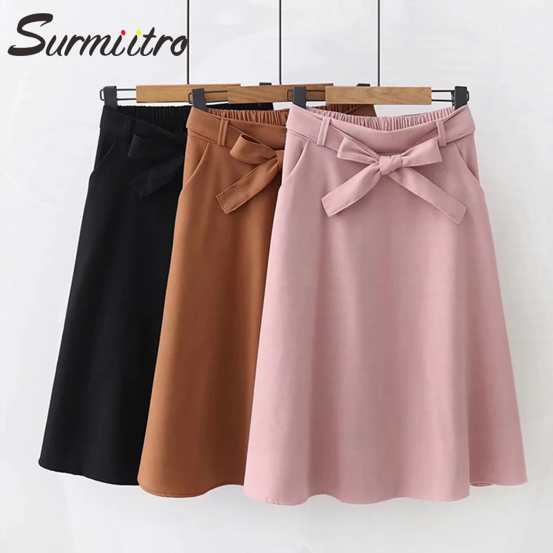 

Surmiitro Casual Midi Skirt Women 2019 Summer Fashion Korean Knee Length High Waist Skirt Female With Sashes A line School Skirt