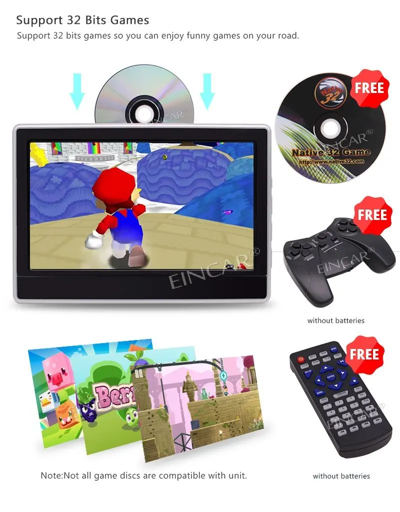 Clearance Car Headrest Monitor DVD Player 1080P Backseat DVD & IR Transmitter 32 Bits wireless games Audio/Video AV input & AV out 3