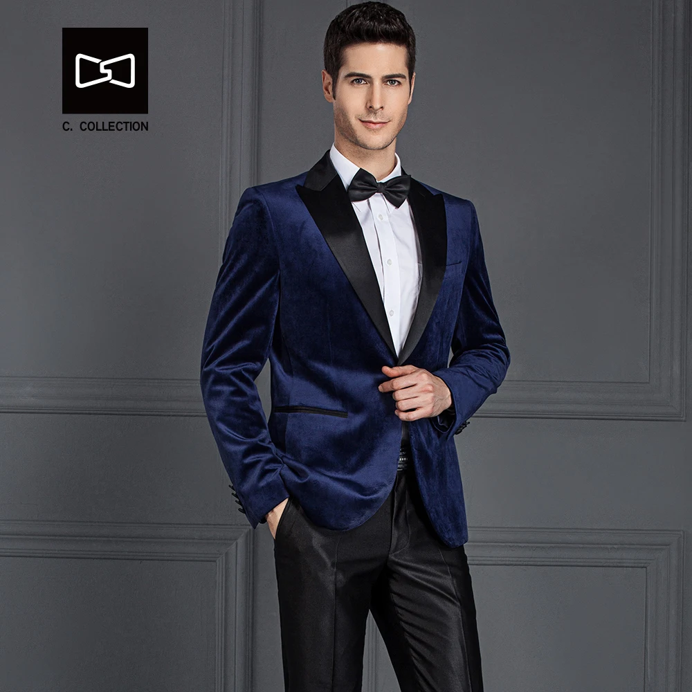 Заказ Для мужчин бархат синий костюм Slim Fit Свадебный смокинг 2 шт.
