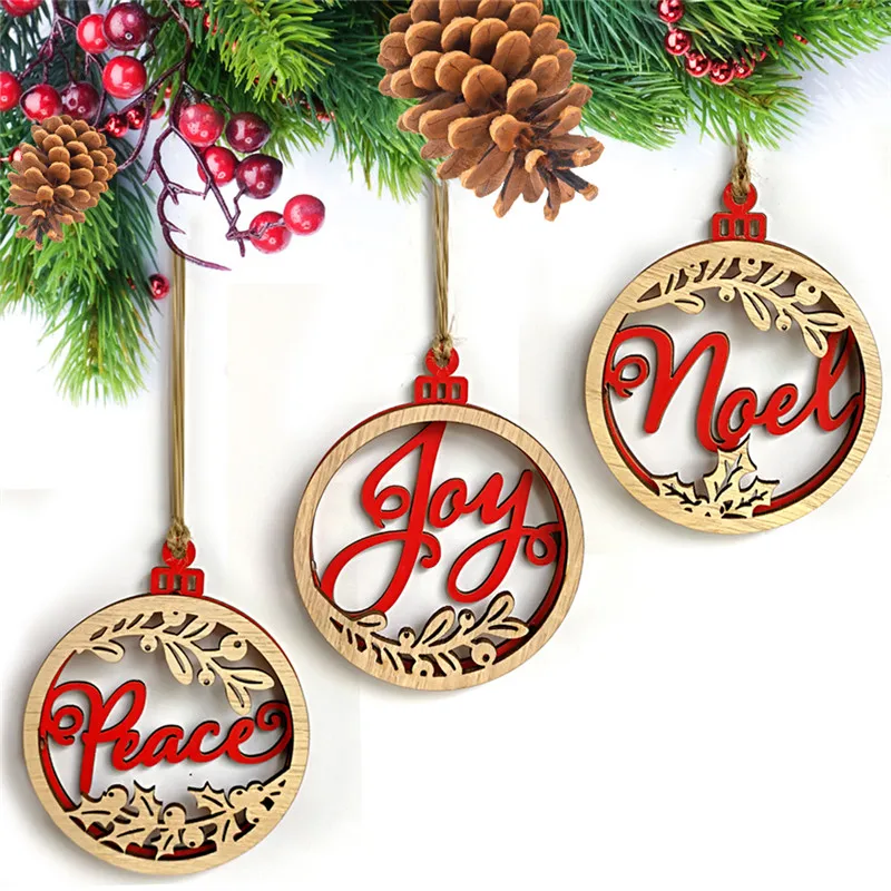 

3pcs/lot Delicate Peace Noel Joy Wooden Laser Hollow Hanging Ornaments For Christmas Tree DIY Outdoor Home Party Decor Supplies