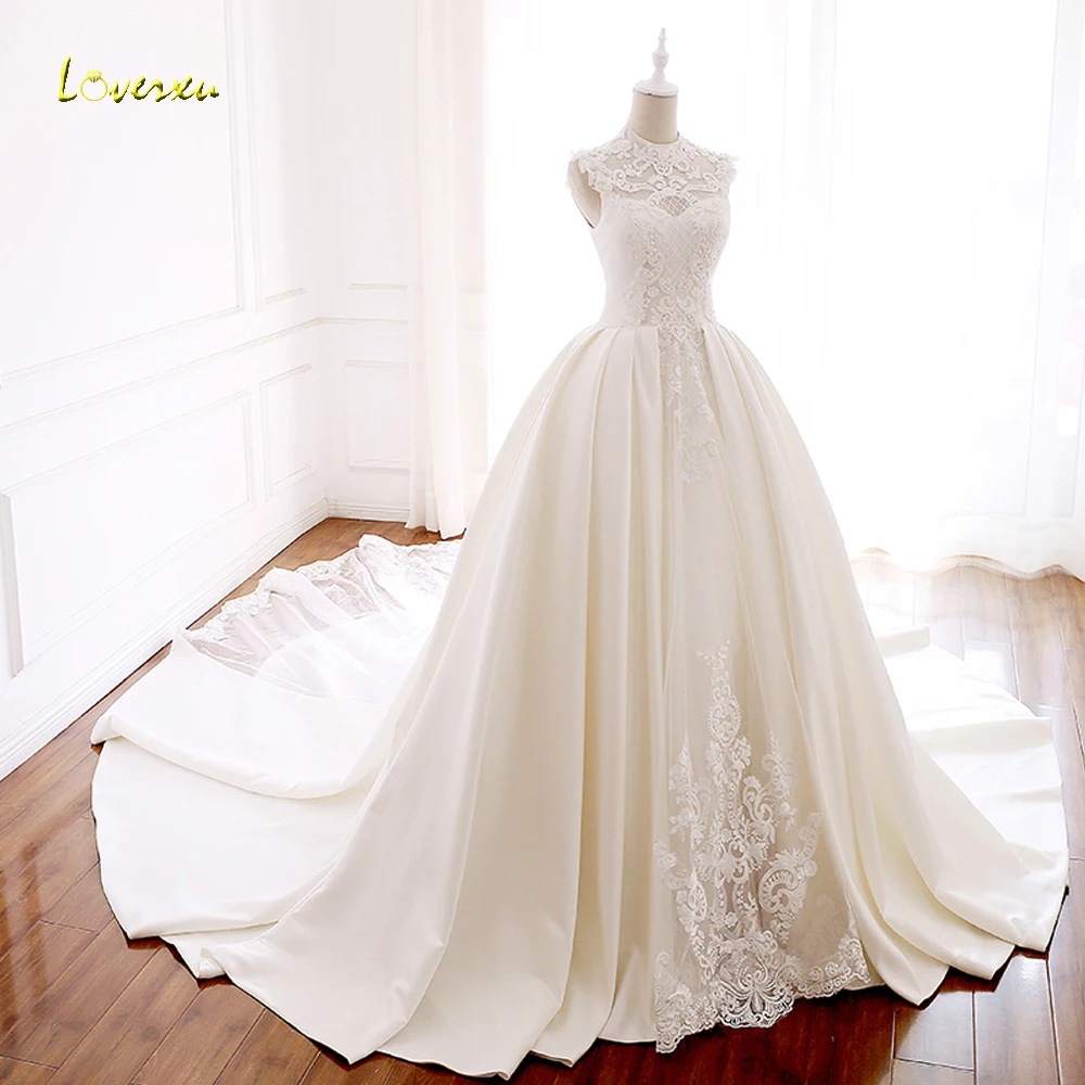 Loverxu Vestido De Noiva высокое бальное платье с круглым вырезом Свадебное платье Аппликации Часовня Поезд вырез ДРАПИРОВАННОЕ атласное винтажное свадебное платье