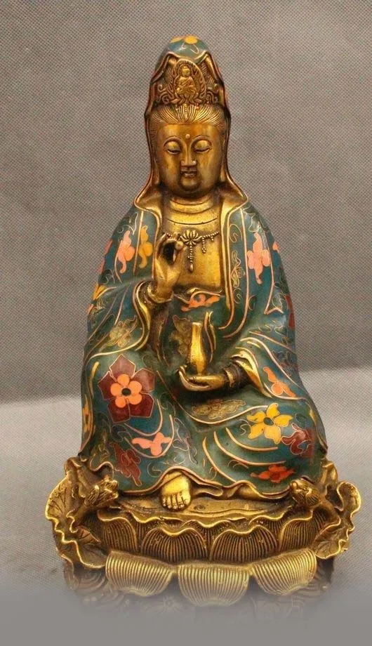 

11" Chinese Buddhism Cloisonne Bronze Gild Seat Kwan-yin Guan Yin Vase Statue