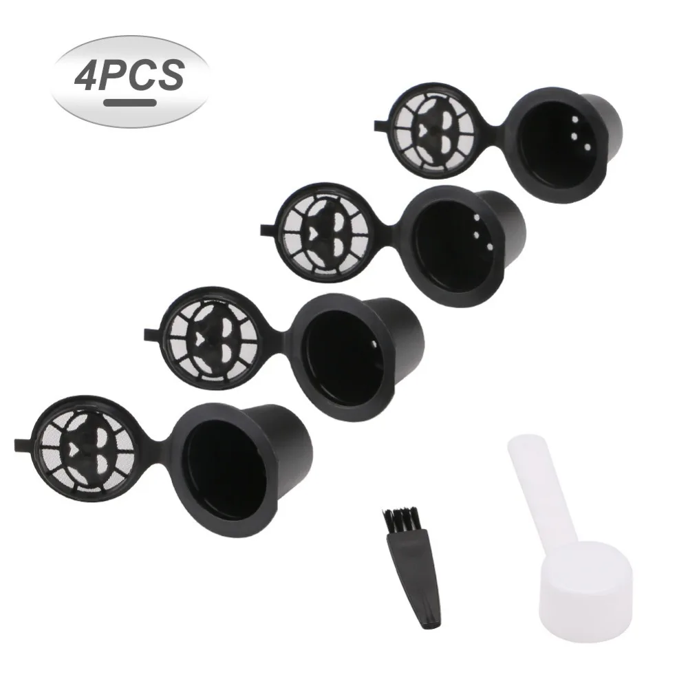 

4Pcs/Set Reusable Nespresso Coffee Capsules Cups with Spoon Brush Refillable Coffee Refilling Filter Mesh Baskets Coffeeware