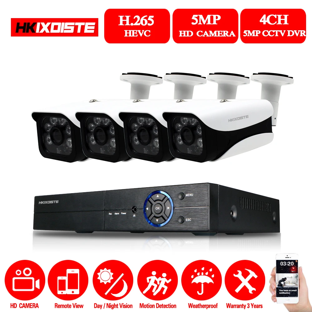 HKIXDISTE 4CH DVR 5.0MP Система охранной камеры 5MP видео выход CCTV комплекты видеонаблюдения