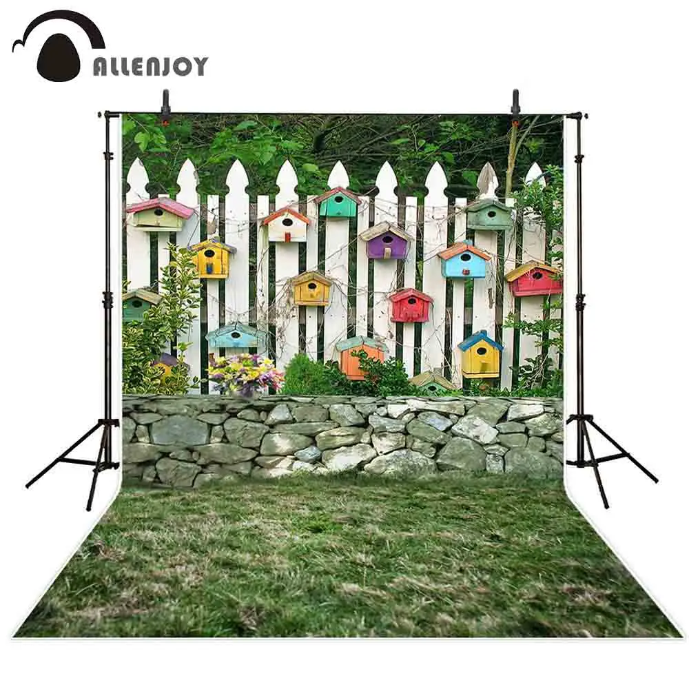 Allenjoy التصوير خلفية الربيع الأبيض سياج birdhouses حديقة العشب خلفية استوديو الصور photophone صورة المتصل الدعائم