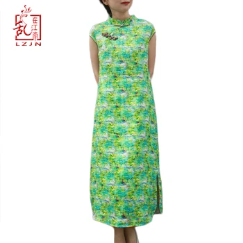 

LZJN 2019 Women Summer Dress Cotton Linen Chinese Style Long Cheongsam Qipao Dress Vestido da festa