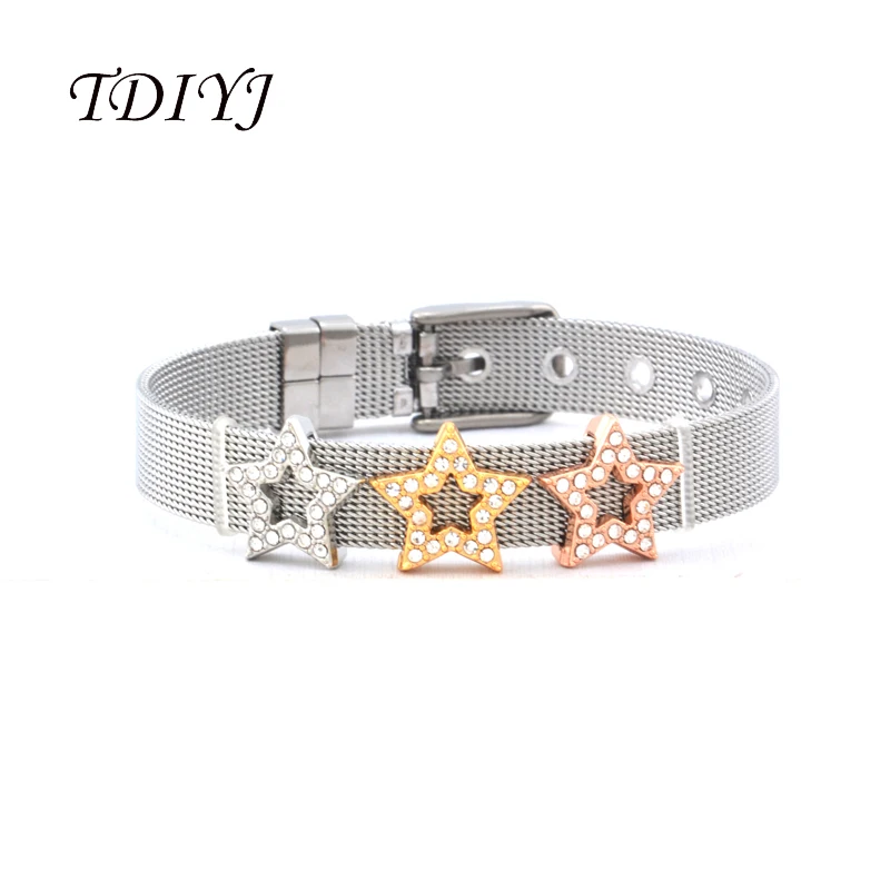

TDIYJ Newest Collection Silver Stainless Steel Mesh Keeper ing Bracelet with Crystal Star Cutout Slide Charms for Women 1Set
