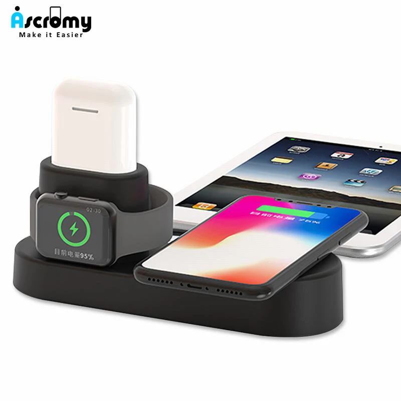 Ascromy 4 в 1 Беспроводной Зарядное устройство Док-станция для iPhone XS Max XR X samsung S9 Apple Watch Airpods планшет Qi быстрозарядная станция
