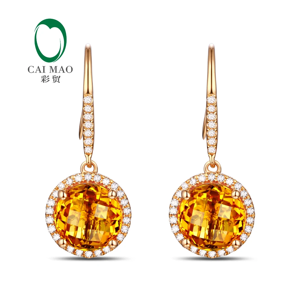 

Caimao Jewelry 14KT Yellow Gold 8mm Round Cut 3.32ct Citrine & 0.30ct Diamond Engagement Earrings free shipping