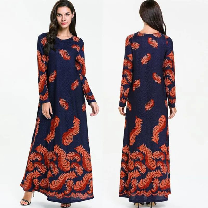 1PC Muslim Women's Dress Long-sleeved Fashion Print O-Neck England Style Middle Eastern Long Dropship Apr | Тематическая одежда