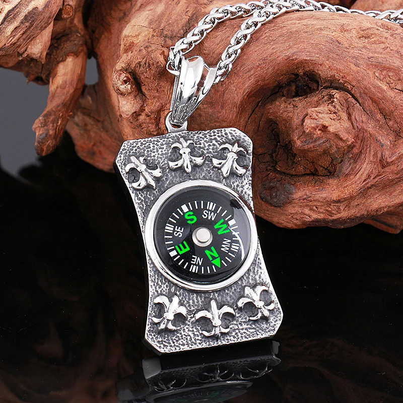 Mens Necklaces Solid Stainless Steel Retro Gothic Sun Compass Pendant