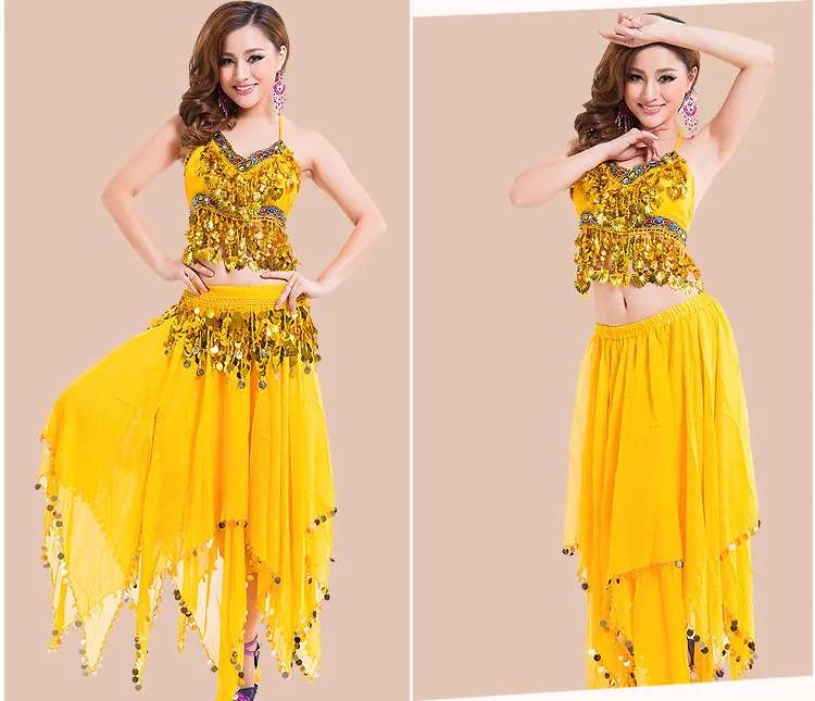 Индийский танец Костюмы Болливуд платье сари танцевальная одежда Для женщин/детский набор костюма для танца живота 3 шт./компл.(топ+ юбка+ вуаль