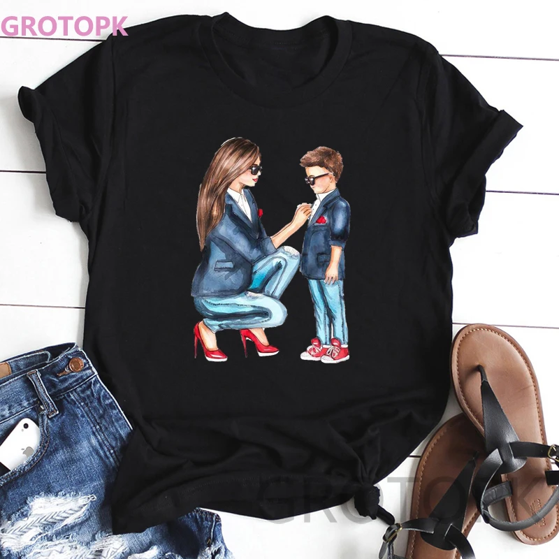 Матери футболки "любовь" для Для женщин Одежда для мамы и дочки черная футболка летние шорты с длинным рукавом Женские Топы И Футболки Vogue футболка из полиэстера - Цвет: 10