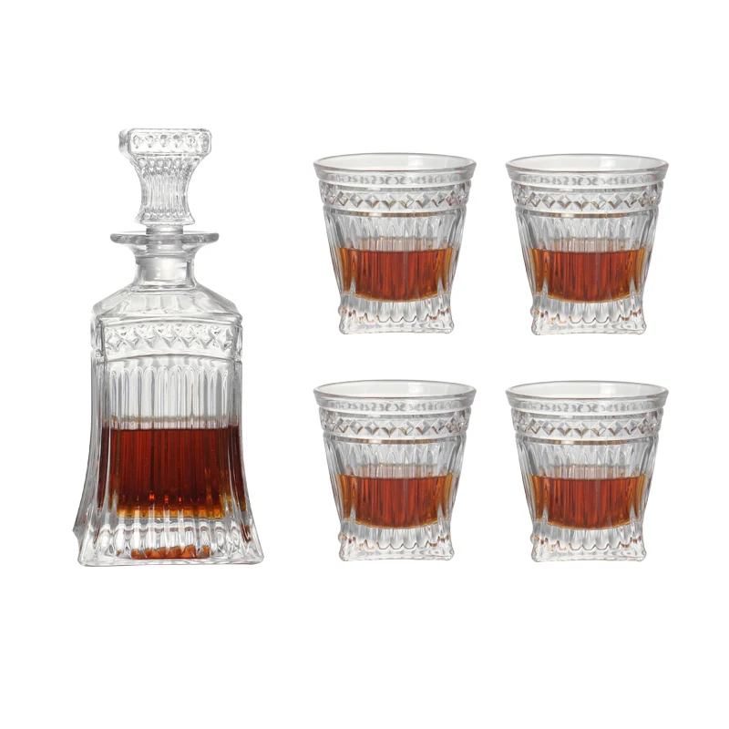 Set of 5 old fashion grooved machine made glass whiskey decanter & whisky glasses set for bar household  party