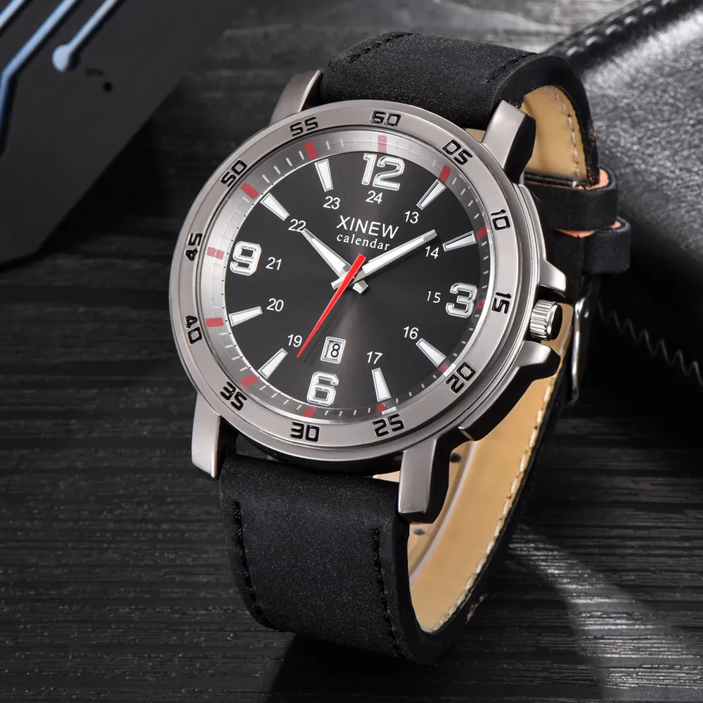 

Fashion xinew Men Sports Date Analog Quartz Leather Stainless Steel Wrist Watch Erkek Saat Zegarek Meski