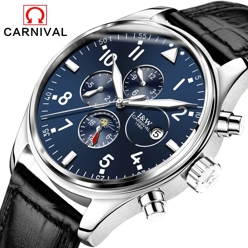 Carnival Sapphire Automatic Mechanical Watch Men Stainless steel waterproof black leather Watch relogio masculine