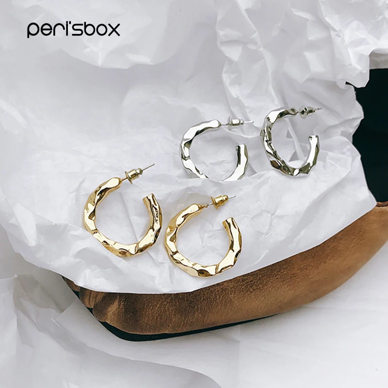 

Peri'sBox Gold Silver Color Open Hammered Hoop Earrings for Women Modern Minimalist Metal Earrings Geometrical Hoops Earrings