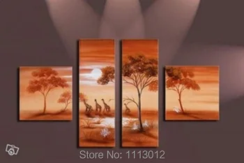 

Modern Africa Grassland Tree Sunset Oil Painting On Canvas Abstract 4 Panel Art Sets Home Decor Wall Picture For Living Room