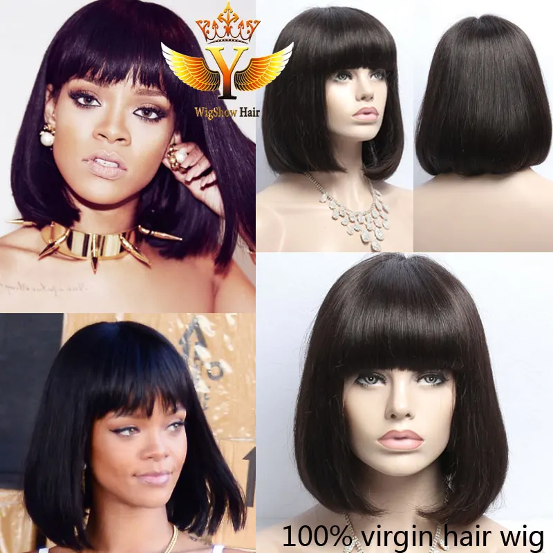 

130/150/180 Density Short Human Hair Wigs With Bangs Full Lace Bob Wig Virgin Brazilian Hair Bob Lace Front Wigs For Black Women