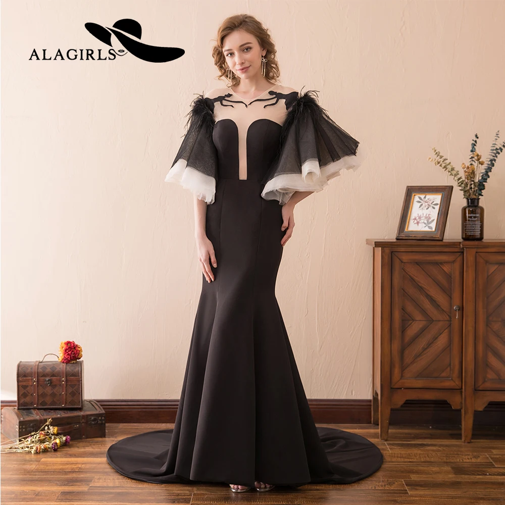 

Alagirls New Arrival Elegant Trumpet Evening Dress Sexy Illusion Evening Gown Feather Flare Sleeve Party dress Vestido de noche