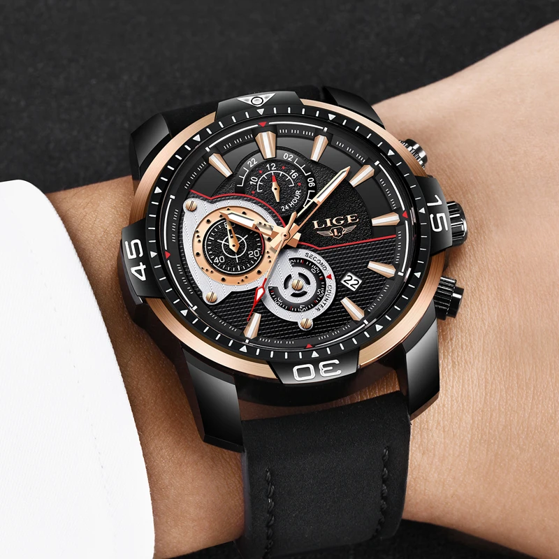 New LIGE Mens Watches Top Brand Luxury Business Waterproof Quartz Watch Mens Black Casual Leather Sport Watch Relogio masculino