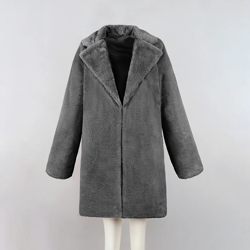 Женское осенне-зимнее теплое пушистое плюшевое пальто из искусственного меха с длинным рукавом и отложным воротником, длинная куртка с карманами, верхняя одежда размера плюс 3X