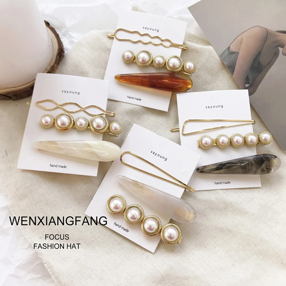 Korean Girls Metal Pearl Hair Clip Combination Elegant Barrette Hairpin Set