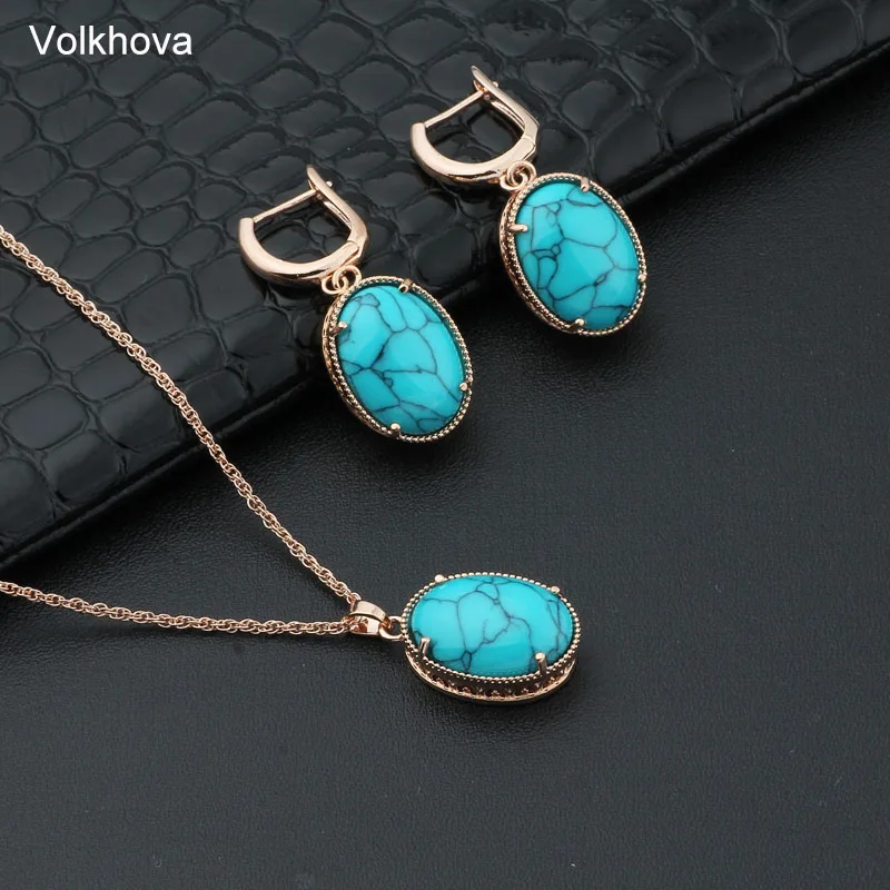 

Volkhova Women's Jewelry Set Ethnic Flower Pendant Oval Jewelry Set Necklace Earrings Long Chain Necklace Blue Synthetic Crystal