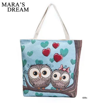 

Mara's Dream Quality Cartoon Owl Printed Shoulder Bag Women Large Capacity Female Shopping Bag Canvas Handbag Summer Beach Bag