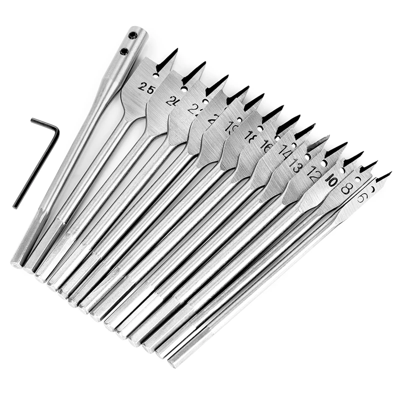 

15Pcs Full Carbon Steel Hex Shank Spade Flat Wood Drill Bit Set For Metal 6-25Mm High Steel Wood Drilling Power Tools Kit