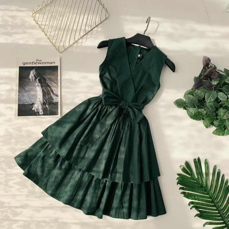 

Amolapha Women Summer Soild V Neck Ruffles High Waist Sashes Dresses Vestidos