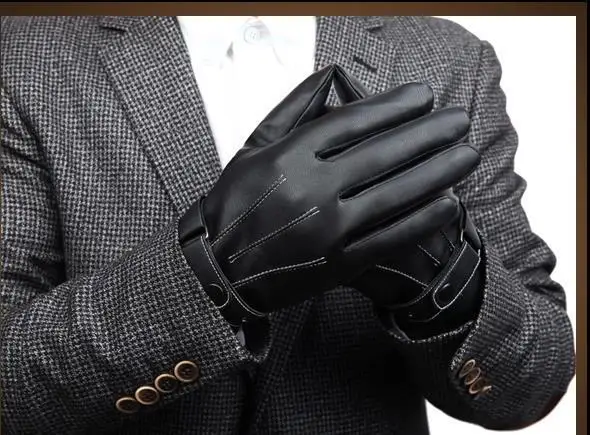 Мужские уличные зимние перчатки черные модные мужские варежки на пуговицах плюс бархатные ветрозащитные кожаные