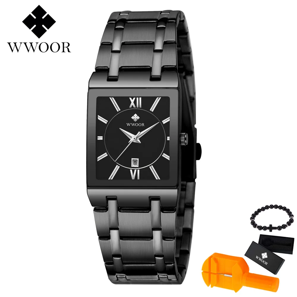 WWOOR мужские часы люксовый бренд кварцевые все стальные водонепроницаемые часы модные спортивные бизнес военные мужские часы relogio masculino - Цвет: black gift
