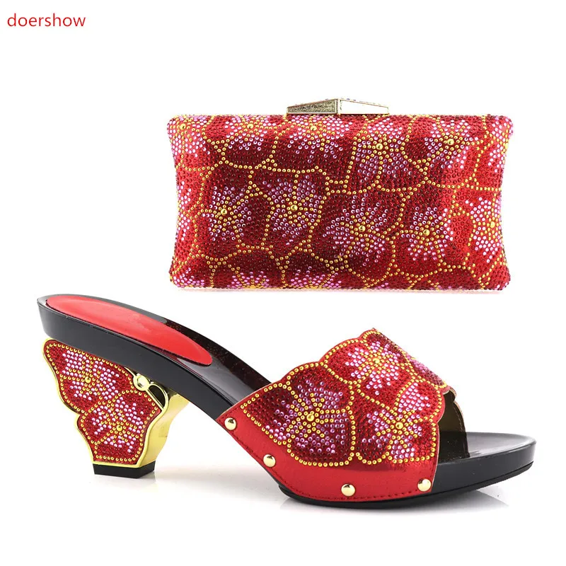 

doershow RED Women Italian Shoes and Bag Set Decorated with Appliques African Shoes and Bag Set for Party In Women!HV1-56