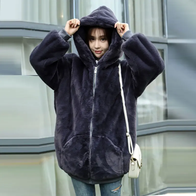 

2019 New Fashion Women Winter Coats Whole Leather Rabbit Fur Coat Hooded Plus Size Loose Warm Jacket Fur Medium Long Coat 490