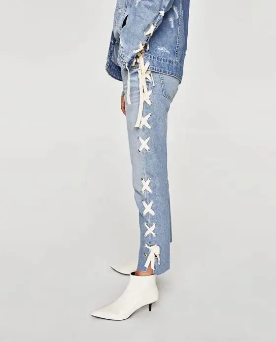 

2017 new hot sale blue color long pencil pants low waist bleached spliced lace up denim jeans zipper fly long bandage denim jean