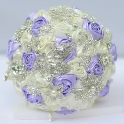 8-дюймовый пользовательские свадебный букет, Корейский свадебный букет, горный хрусталь брошь букет, фиолетовый + слоновая кость свадебное