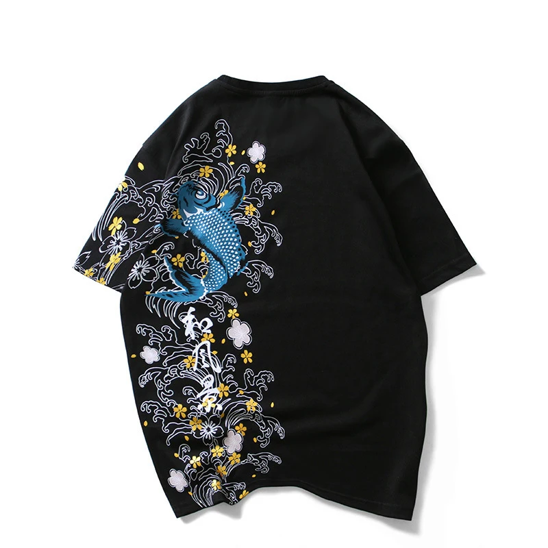 

2020 New Arrival Summer Popular Carp Embroidery Personality Loose Big Short Sleeve Print O-neck Cotton Casual T Shirt Sale