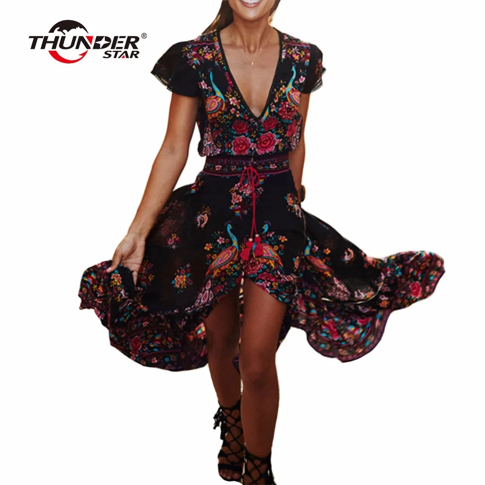

Summer Boho Dress Ethnic Sexy Print Retro Vintage Dress Tassel Beach Dress Bohemain Hippie Dress Robe Vestidos Mujer