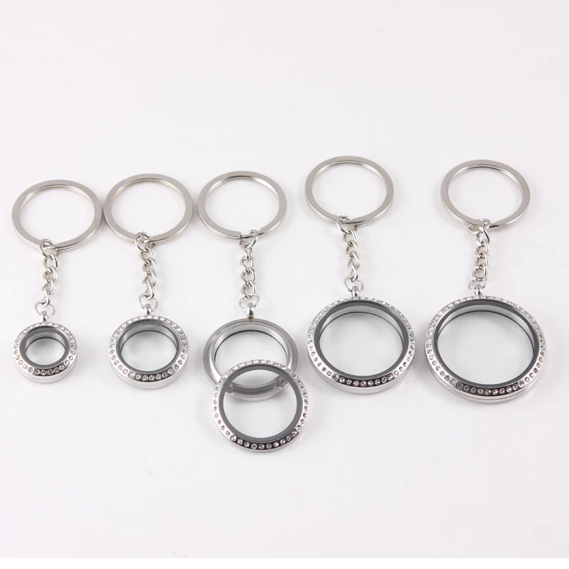 

10pcs Twist Stainless Steel Floating Locket Keychain 20/25/30/34/38mm Rhinestones Floaing locket Key Ring Jewelry Key Chain