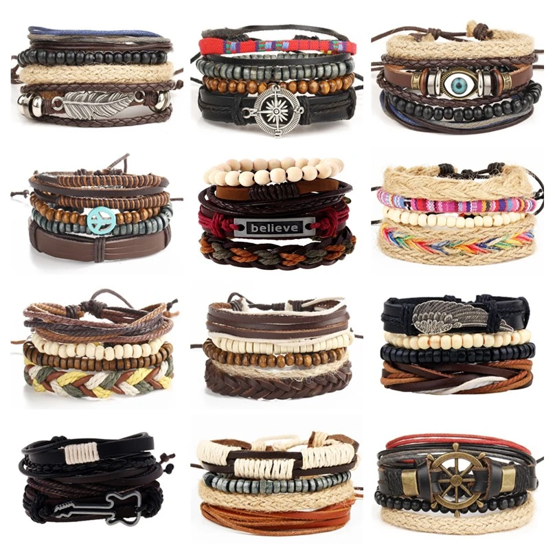 

HOT 4pcs 1 Set and 12set a lot Punk Genuine Wrap Feather Leather Bracelets Men For Women Cuff Vintage Jewelry Accessories